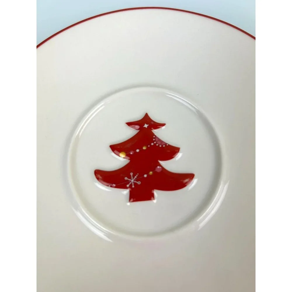 Starbucks 2006 Set of 2 Christmas Saucer Plates, Red Tree, Green Blue Stocking